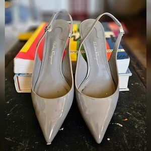 Salvatore Ferragamo Grey Patent Leather Slingback Heels